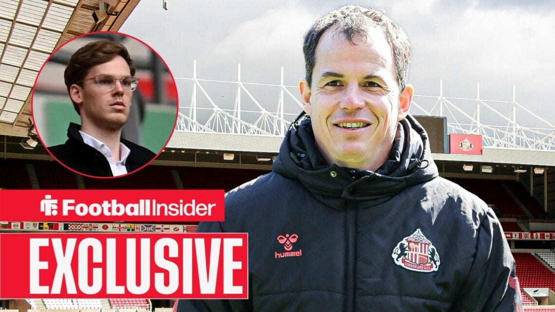 Football Insider exclusive as Sunderland manager Regis Le Bris grins at owner Kyril Louis Dreyfus, who watches from a circular inset.