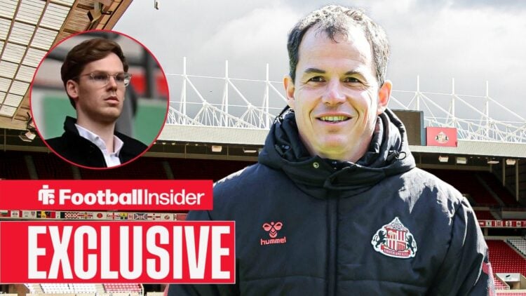 Football Insider exclusive as Sunderland manager Regis Le Bris grins at owner Kyril Louis Dreyfus, who watches from a circular inset.