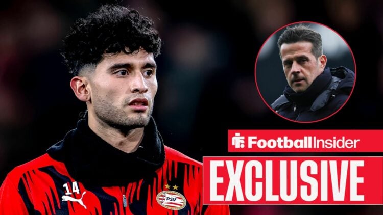 Ricardo Pepi playing for PSV Eindhoven, Marco Silva in a circular inset