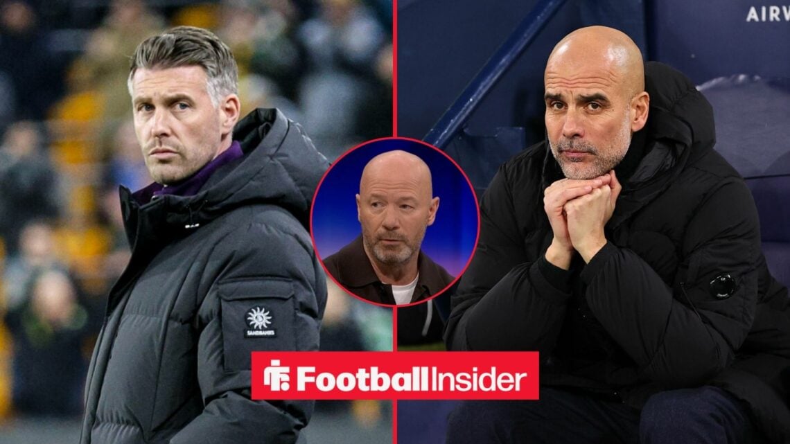 Alan Shearer features in the middle of a split image between Wolves manager Rob Edwards and Manchester City boss Pep Guardiola.