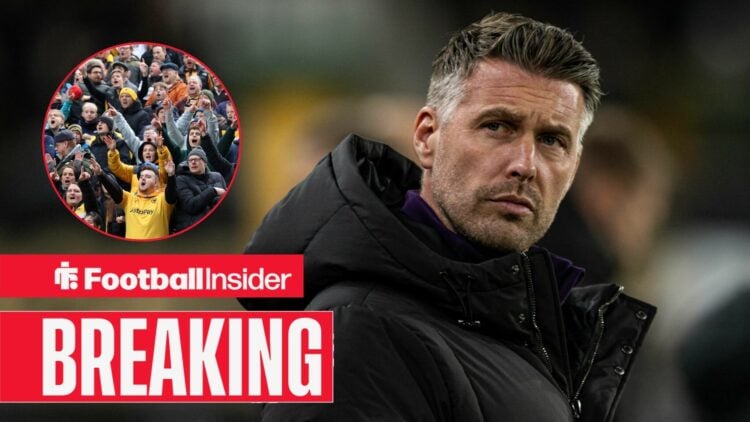 Breaking news as Rob Edwards glances towards a circular inset, which features Wolves fans in the stands.