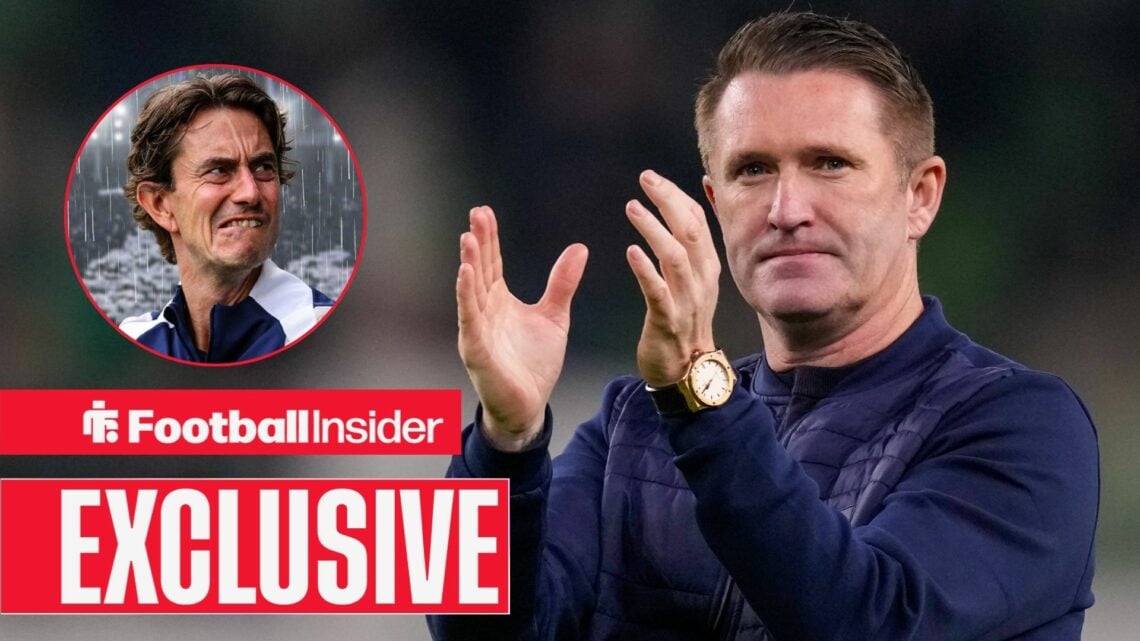 Football Insider exclusive as Robbie Keane applauds while Tottenham manager Thomas Frank stands in the rain in a circular inset.