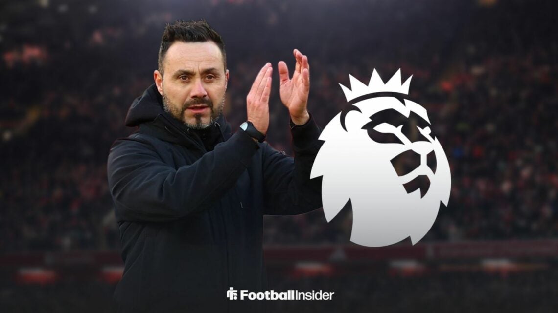 Roberto De Zerbi applauds as he stands alongside the Premier League logo.