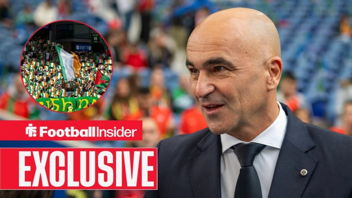 Football Insider exclusive as Portugal manager Roberto Martinez smiles, while Celtic fans wave Irish flags in a circular inset.