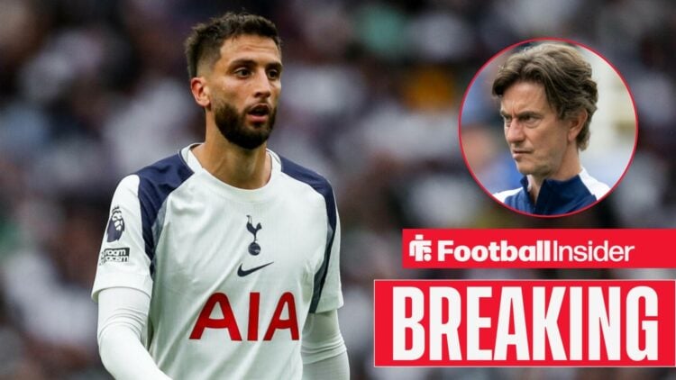 Breaking news as Rodrigo Bentancur is in action for Tottenham, as manager Thomas Frank looks concerned in a circular inset.