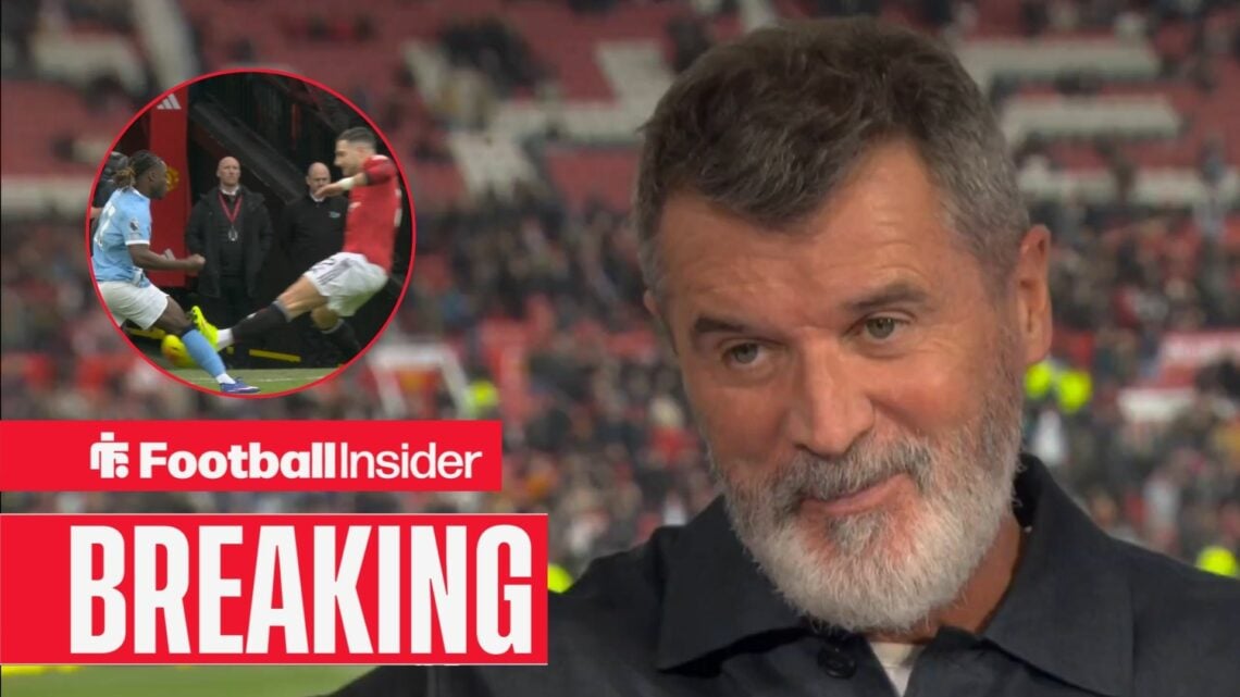 Roy Keane in the Sky Sports studio, Diogo Dalot's challenge on Jeremy Doku in a circular inset