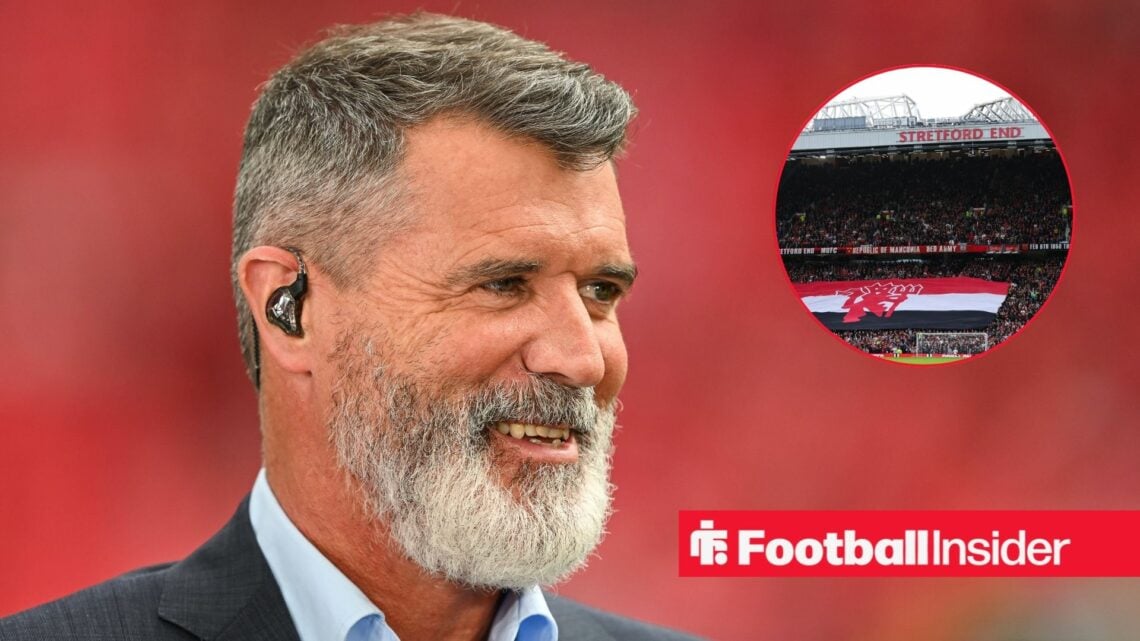 Roy Keane smiles towards a circular inset, which features the Stretford End at Old Trafford.