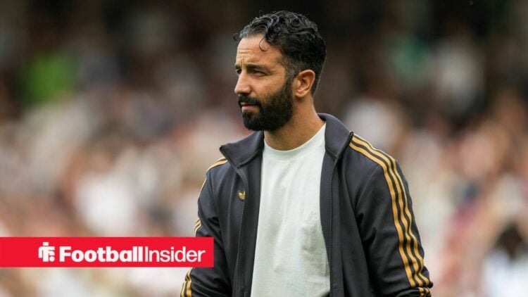 Manchester United manager Ruben Amorim stares to his right concernedly.