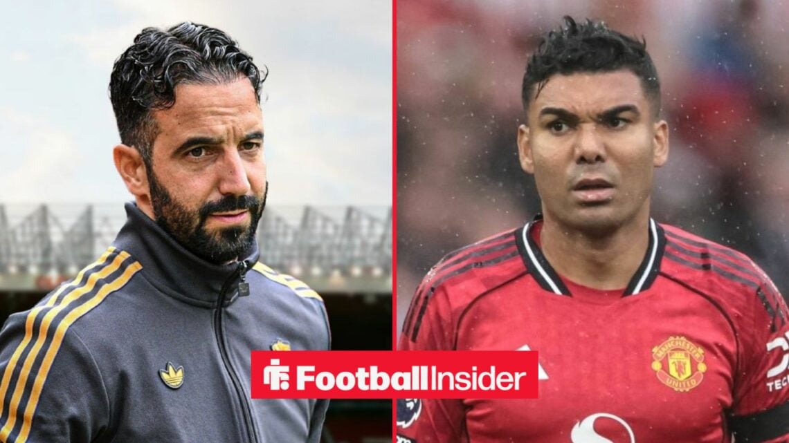 Ruben Amorim looking frustrated at Old Trafford, with Casemiro in action for Man United