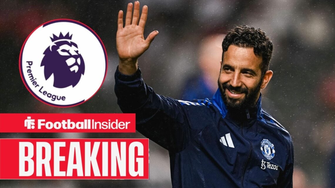 Breaking news as Ruben Amorim waves towards the Premier League logo, which features in a circular inset.