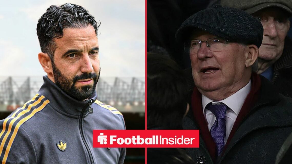Ruben Amorim at Old Trafford alongside Sir Alex Ferguson wearing a flat cap