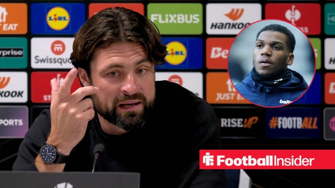 Former Rangers manager Russell Martin sits in a press conference as Dujon Sterling features in a circular inset.