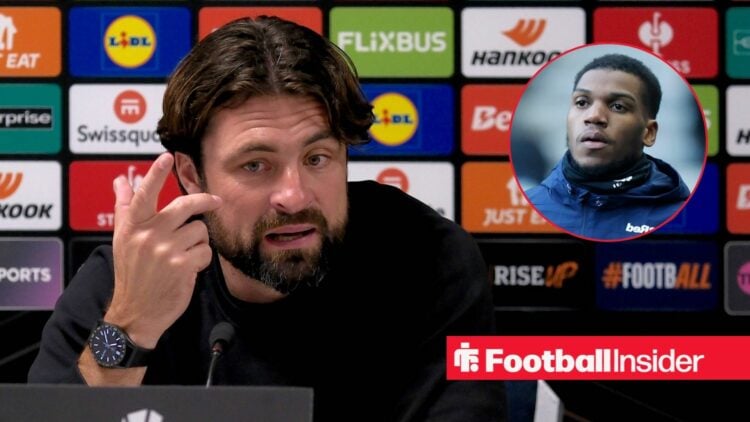 Former Rangers manager Russell Martin sits in a press conference as Dujon Sterling features in a circular inset.