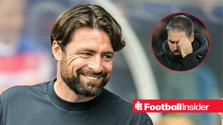 Russell Martin on the sidelines at Rangers, with Marti Cifuentes in a circular inset