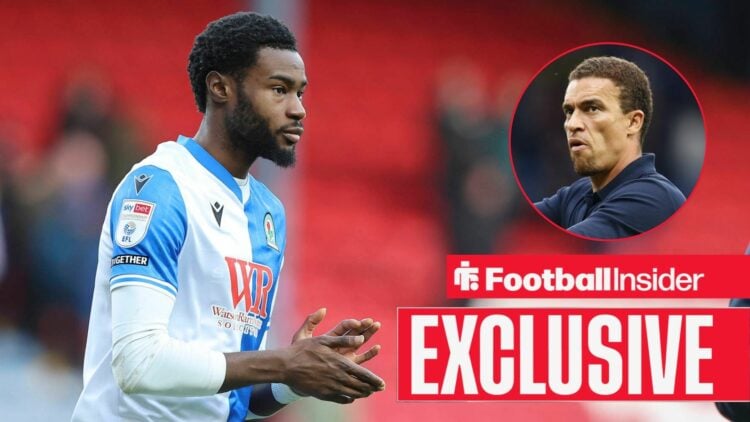 Football Insider exclusive as Blackburn defender Ryan Alebiosu applauds, while manager Valerien Ismael watches from a circular inset.