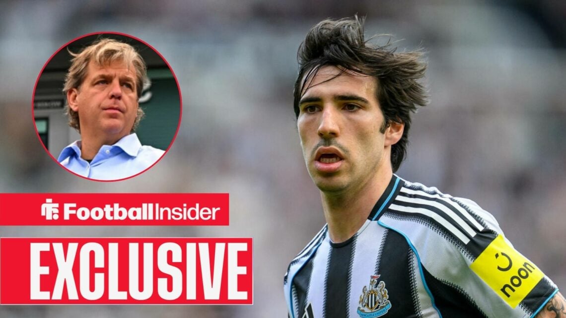 Sandro Tonali in action for Newcastle, with Todd Boehly in a circular inset