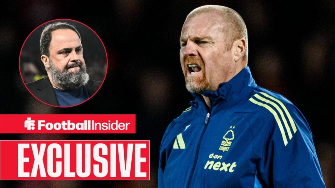 Football Insider exclusive as Nottingham Forest manager Sean Dyche shouts instructions, while owner Evangelos Marinakis watches from a circular inset.