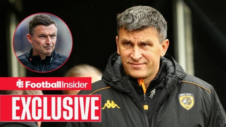 Football Insider exclusive as Hull City manager Sergej Jakirovic stares towards a circular inset, where Preston boss Paul Heckingbottom watches on.
