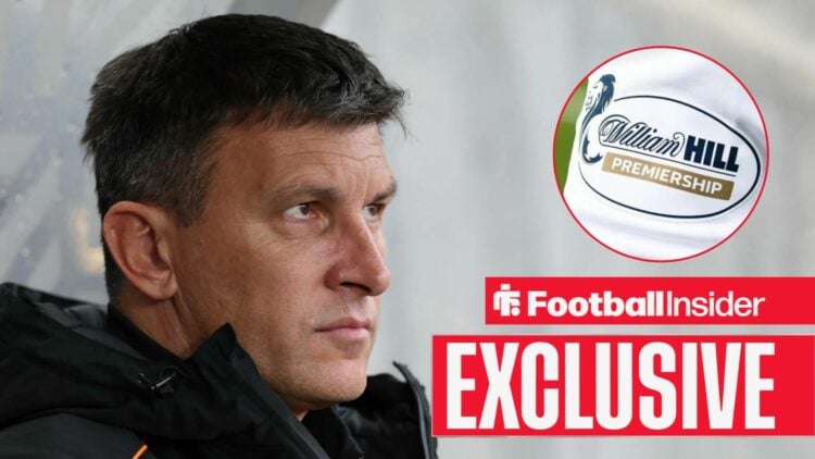 Football Insider exclusive as Hull City manager Sergej Jakirovic looks towards a circular inset, which features the Scottish Premiership logo.
