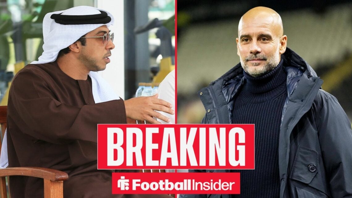 Man City owner Sheikh Mansour alongside Pep Guardiola smiling