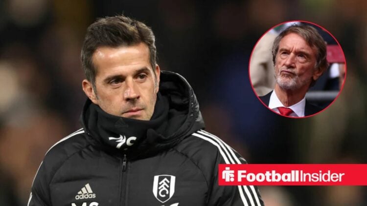 Marco Silva on the sidelines at Fulham, with Sir Jim Ratcliffe in a circular inset