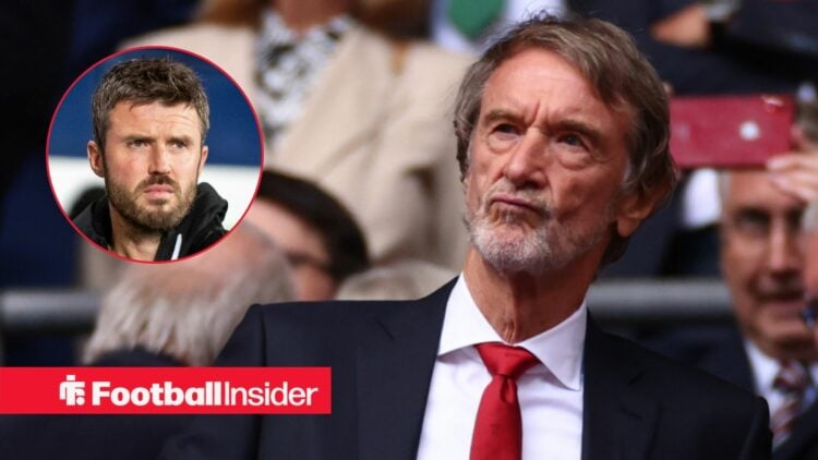 Sir Jim Ratcliffe in the stands, with Michael Carrick in a circular inset