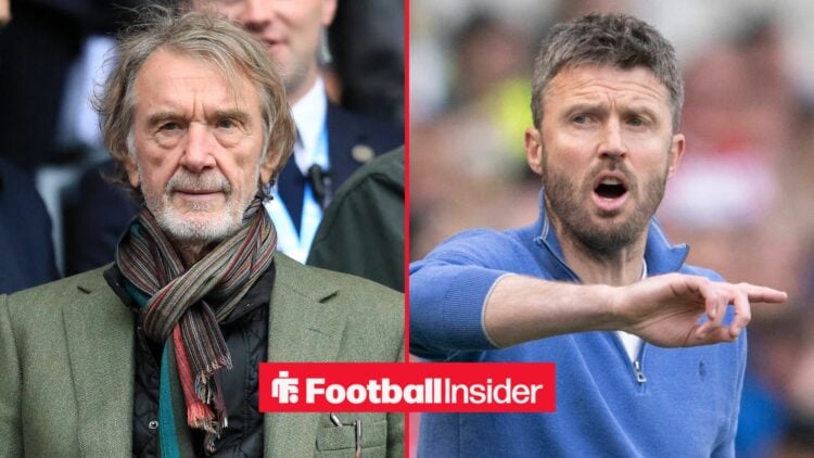 Sir Jim Ratcliffe in a green coat alongside Michael Carrick shouting