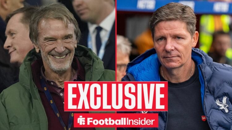 Football Insider exclusive as Manchester United owner Sir Jim Ratcliffe smiles in the left half, as Crystal Palace manager Oliver Glasner watches i...