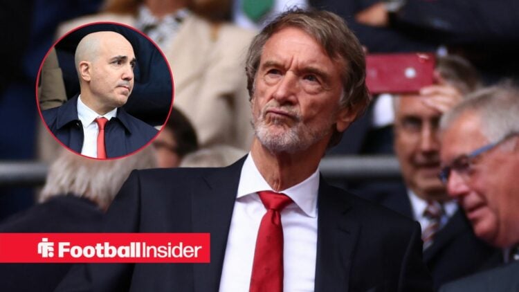 Sir Jim Ratcliffe looking concerned with Omar Berrada included in a circular inset