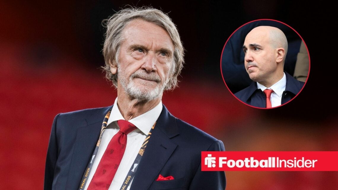 Sir Jim Ratcliffe looking unhappy with Omar Berrada included in a circular inset