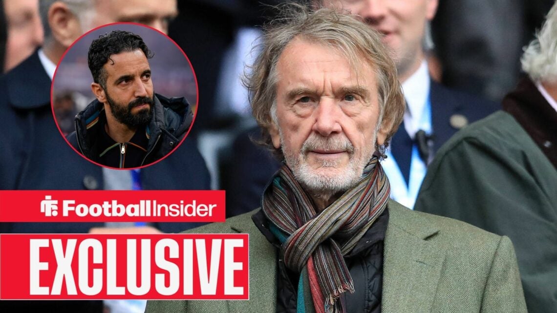 Sir Jim Ratcliffe looking concerned with Ruben Amorim included in a circular inset