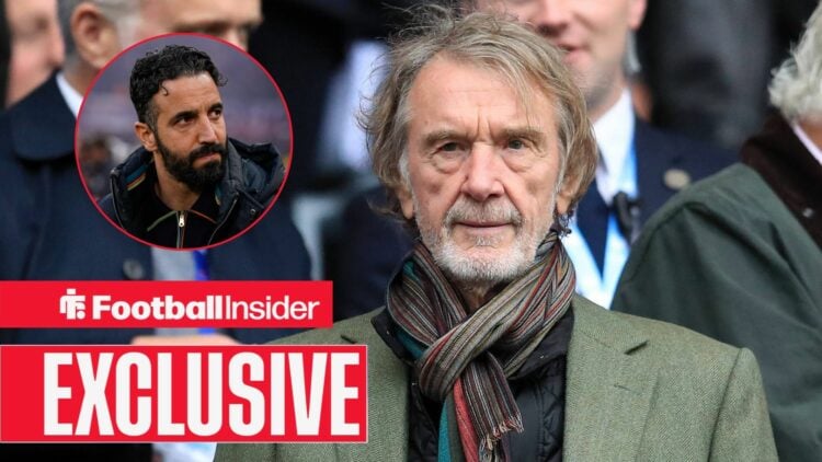 Sir Jim Ratcliffe looking concerned with Ruben Amorim included in a circular inset