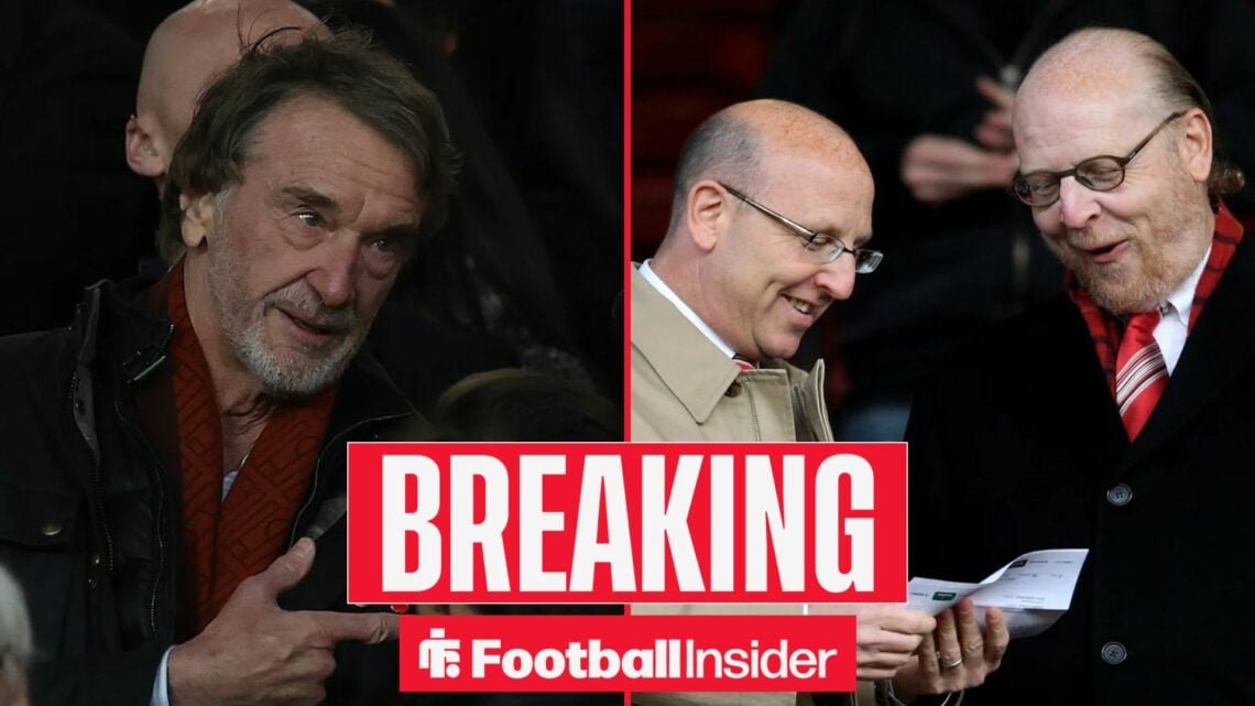 Sir Jim Ratcliffe looking concerned alongside The Glazers looking happy