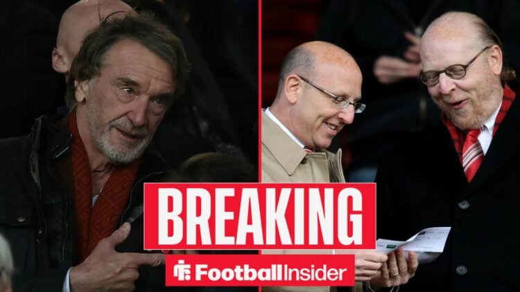 Sir Jim Ratcliffe looking concerned alongside The Glazers looking happy