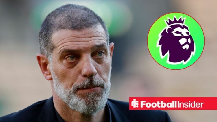 Former West Ham manager Slaven Bilic glances towards a circular inset, which features the Premier League logo.