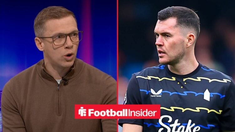 A split image as Stephen Warnock glances across at Everton defender Michael Keane, who is in action during a game.