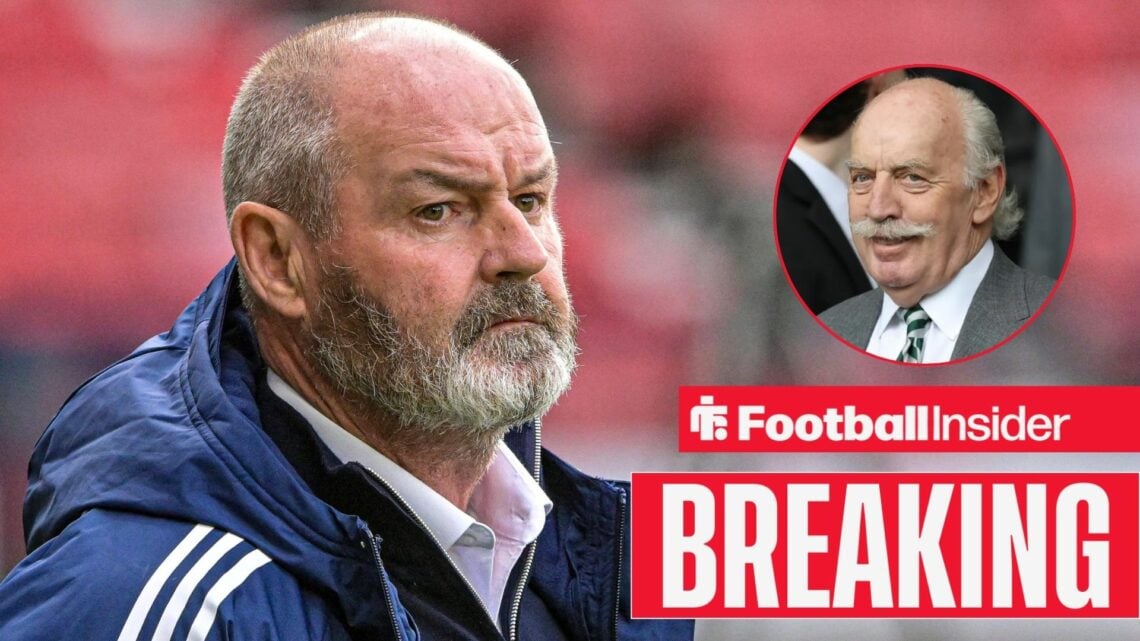 Breaking news as Scotland manager Steve Clarke stares towards a circular inset, where Celtic owner Dermot Desmond watches on.