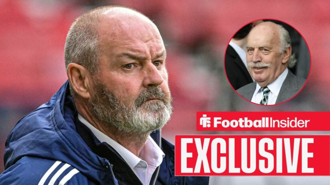 Football Insider exclusive as Scotland manager Steve Clarke looks towards a circular inset, which features Celtic owner Dermot Desmond.
