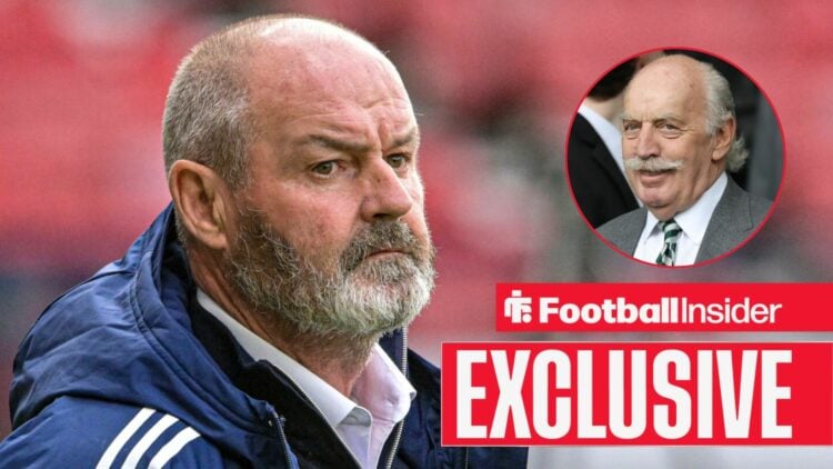 Football Insider exclusive as Scotland manager Steve Clarke looks towards a circular inset, which features Celtic owner Dermot Desmond.