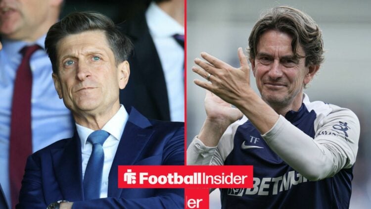 Steve Parish in the stands at Selhurst Park, with Thomas Frank applauding at Tottenham