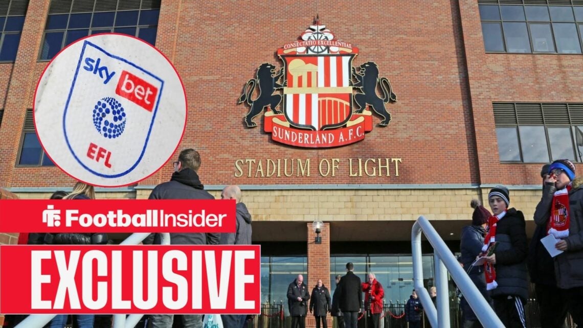 Football Insider exclusive as an external shot of Sunderland's Stadium of Light is accompanied by the EFL badge in a circular inset.