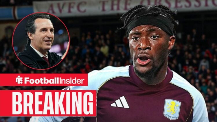 Tammy Abraham in an Aston Villa kit, with Unai Emery in a circular inset