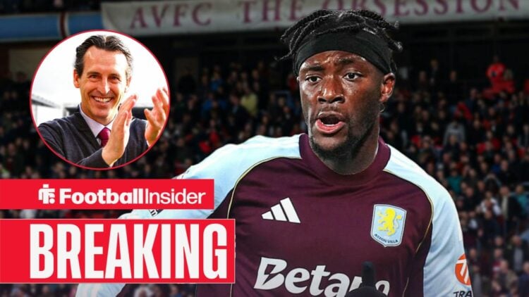 Breaking news as Tammy Abraham is in action, while Aston Villa manager Unai Emery applauds in a circular inset.