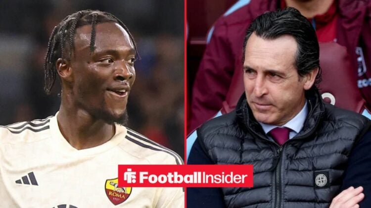 Tammy Abraham in action for Roma, with Unai Emery in the Aston Villa dugout