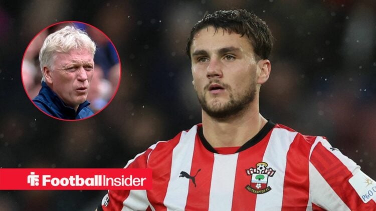 Taylor Harwood-Bellis in action for Southampton, with David Moyes in a circular inset