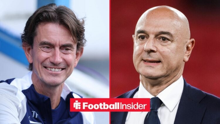 Thomas Frank smiling alongside Daniel Levy looking concerned