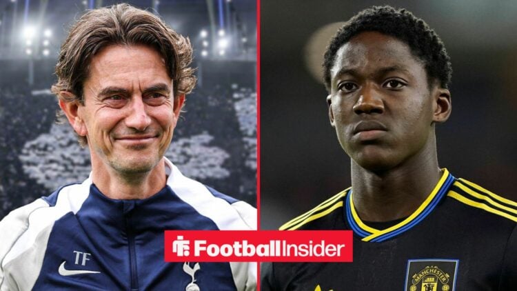 Thomas Frank at the Tottenham Hotspur Stadium alongside Kobbie Mainoo in a Man United shirt