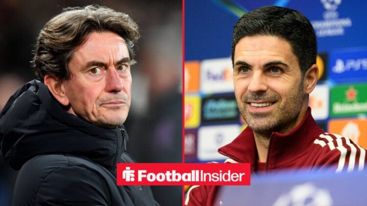 Thomas Frank looking concerned alongside Mikel Arteta smiling in a press conference