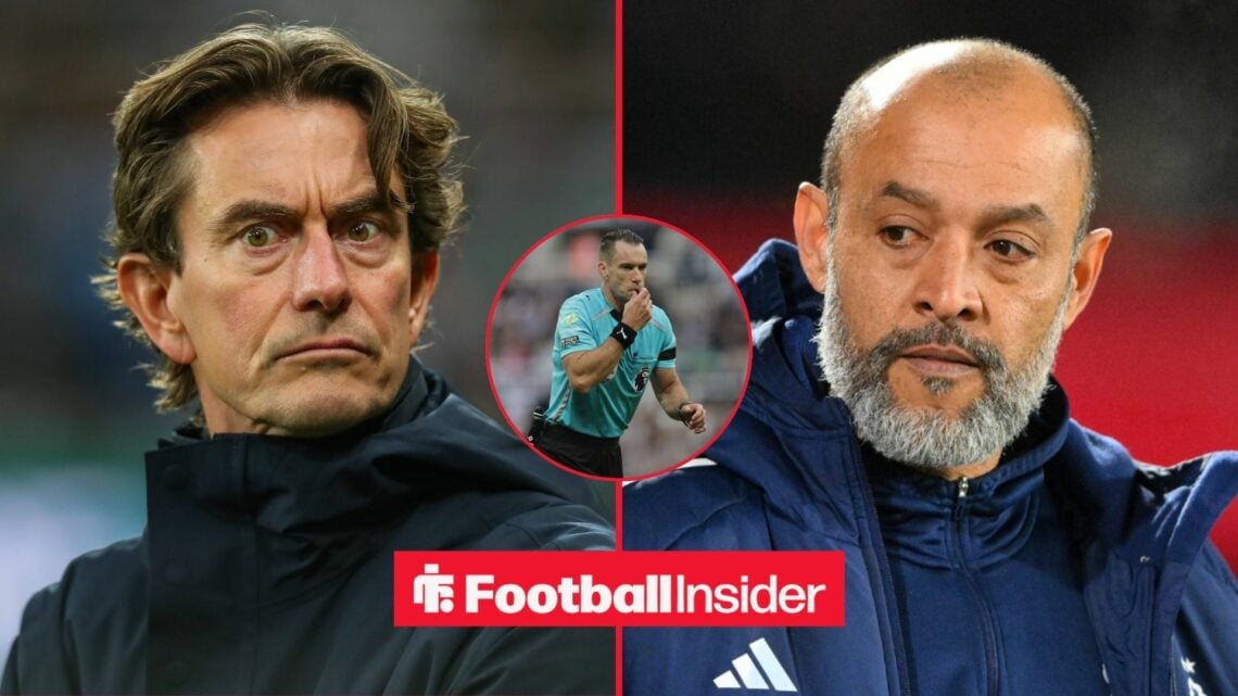 Thomas Frank and Nuno Espirito Santo side-by-side, Jarred Gillett in a circular inset