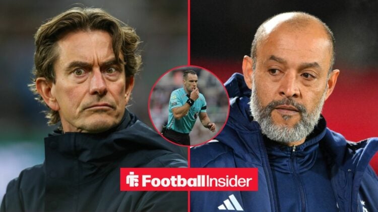 Thomas Frank and Nuno Espirito Santo side-by-side, Jarred Gillett in a circular inset